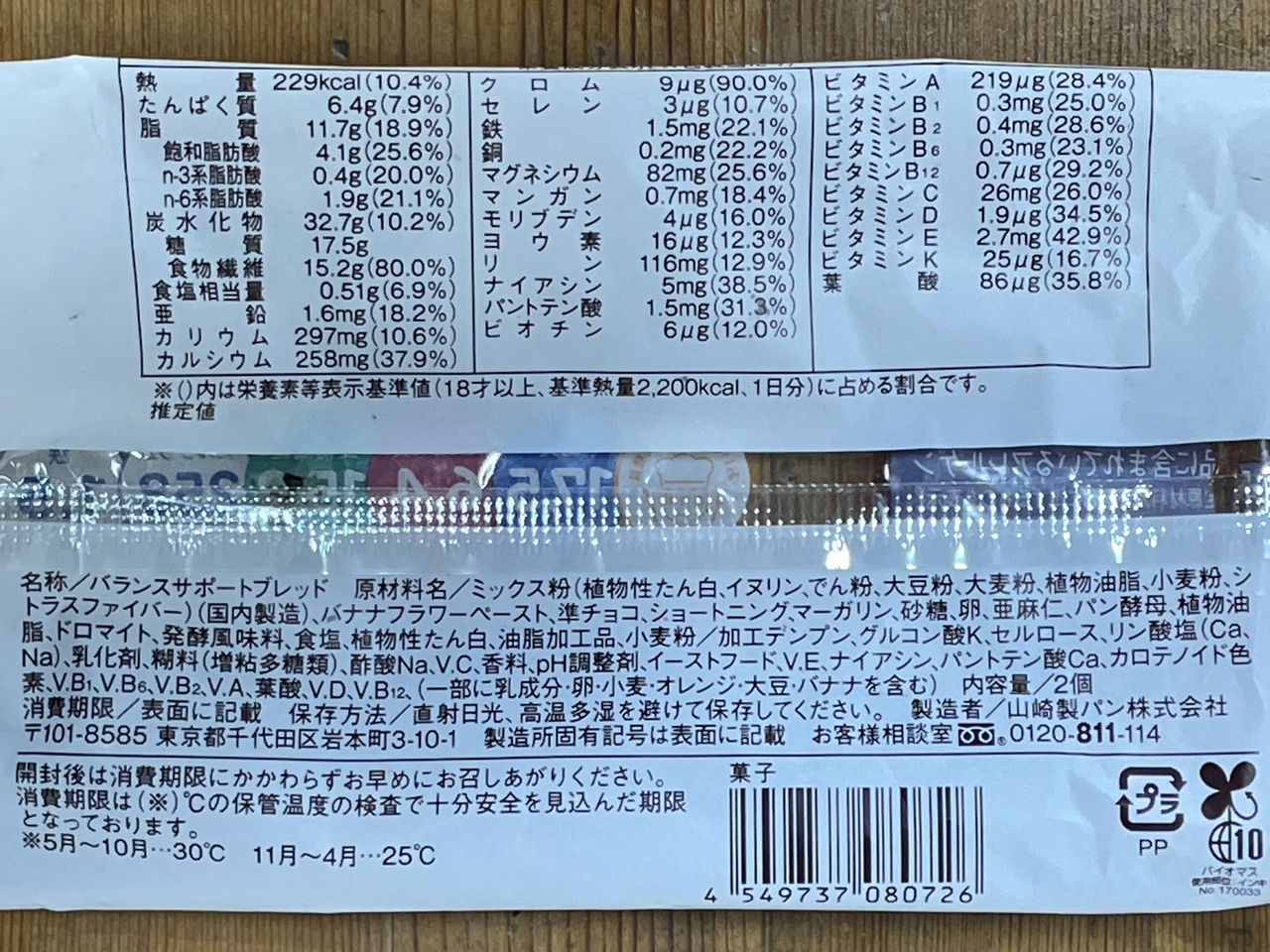 ローソン バランスサポートブレッド チョコ＆バナナ 2個入の食品表示
